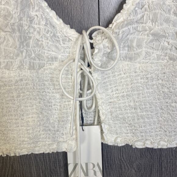 NWT Zara Off-white Smocked Tie Front Crop Tank Top Women's Medium - Picture 3 of 8